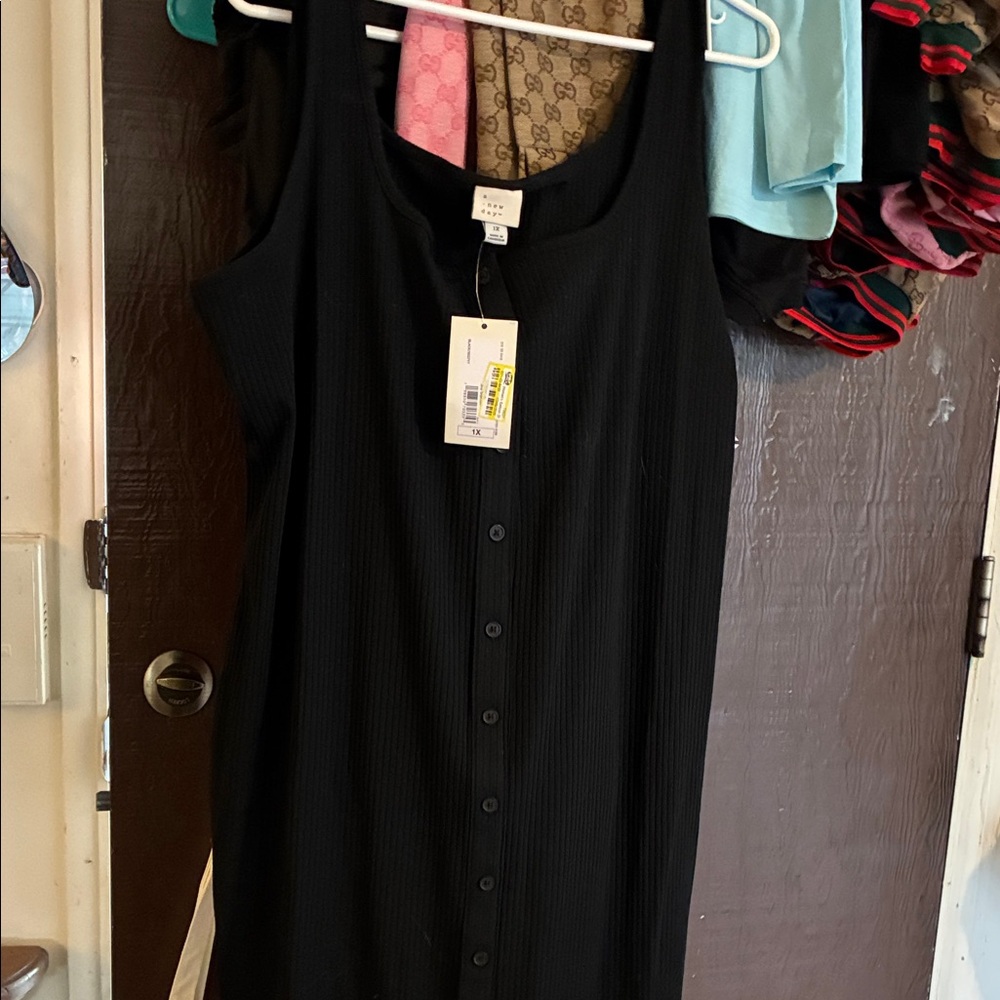 a new day Black Ribbed Button-Front Top